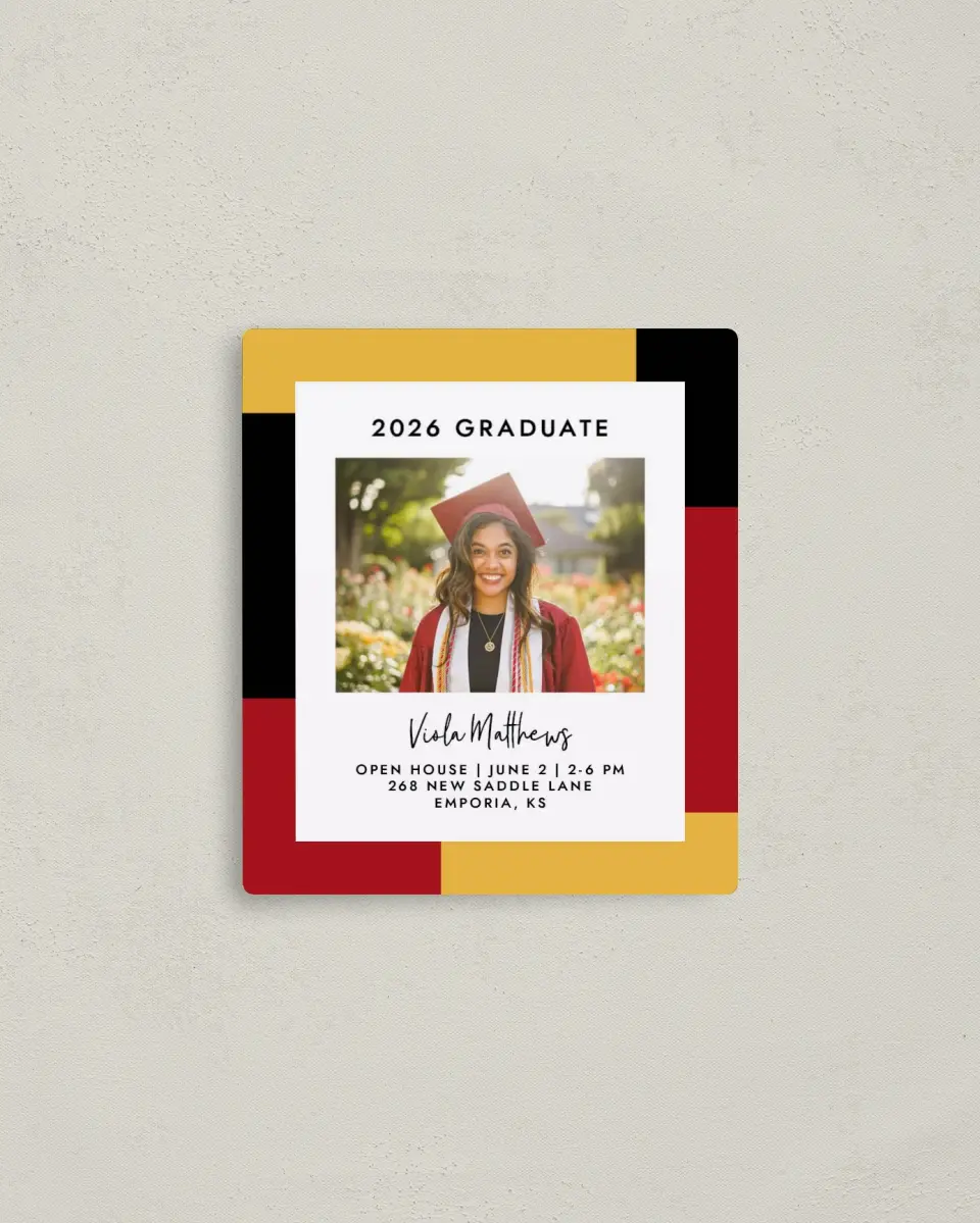 This is a 3½" x 4" Graduation Announcement Magnet called Proud Pursuit printed in full color with a Luxe Satin finish