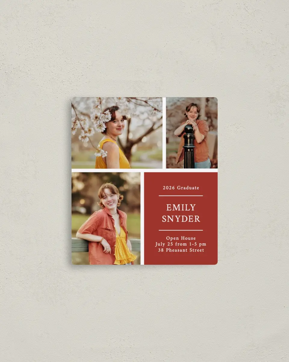This is a 3½" x 4" Graduation Announcement Magnet called Academic Arrangement printed in full color with a Luxe Satin finish