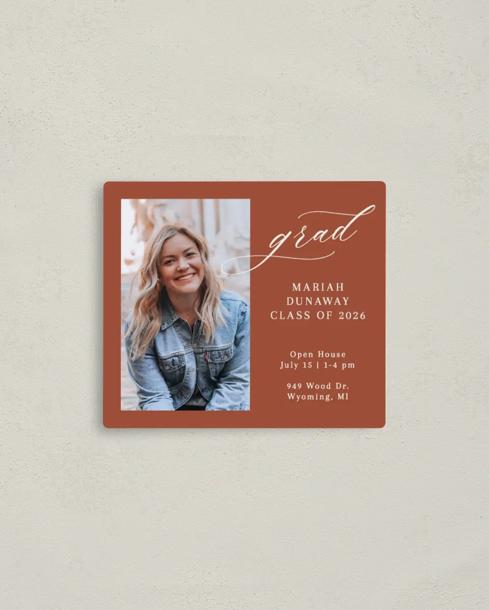 This is a 3½" x 4" Graduation Announcement Magnet called Scripted Scholar printed in full color with a Luxe Satin finish