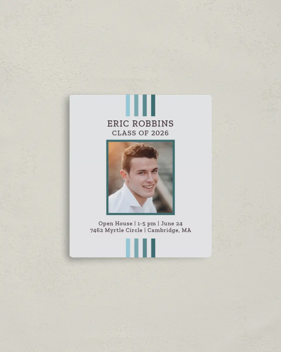 This is a 3½" x 4" Graduation Announcement Magnet called Successful Stripes printed in full color with a Luxe Satin finish