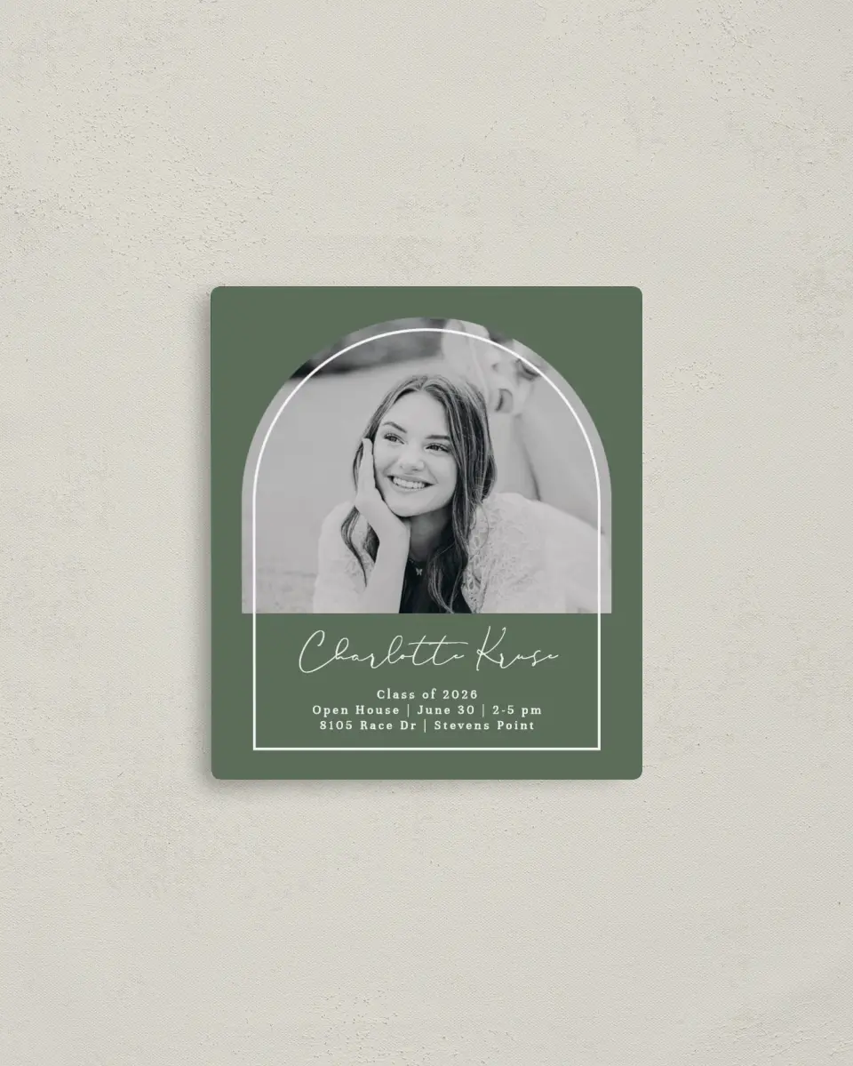 This is a 3½" x 4" Graduation Announcement Magnet called Arched Frame printed in full color with a Luxe Satin finish
