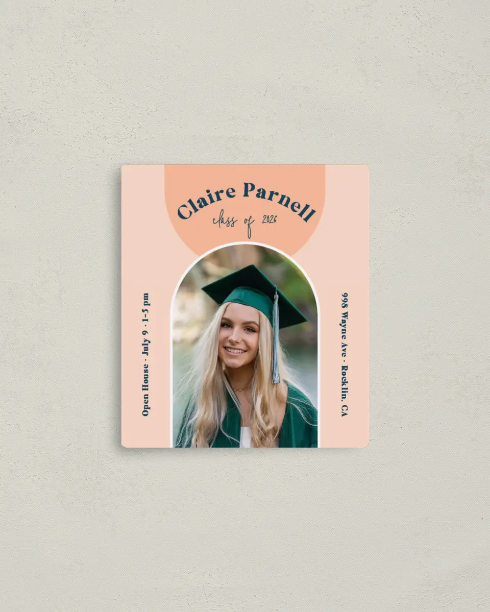 This is a 3½" x 4" Graduation Announcement Magnet called New Start printed in full color with a Luxe Satin finish