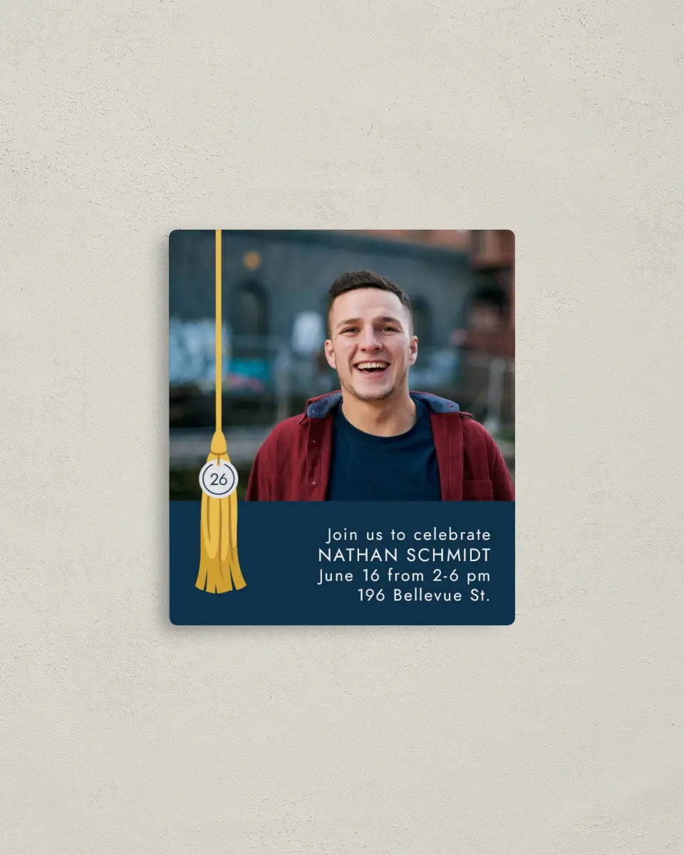 This is a 3½" x 4" Graduation Announcement Magnet called Grad Tassel printed in full color with a Luxe Satin finish