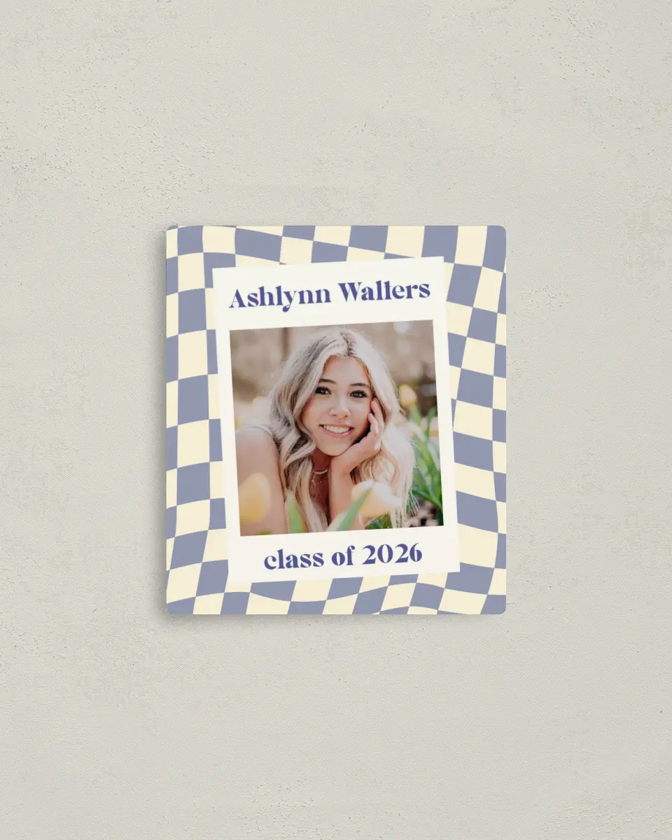 This is a 3½" x 4" Graduation Announcement Magnet called Checkered Credit printed in full color with a Luxe Satin finish