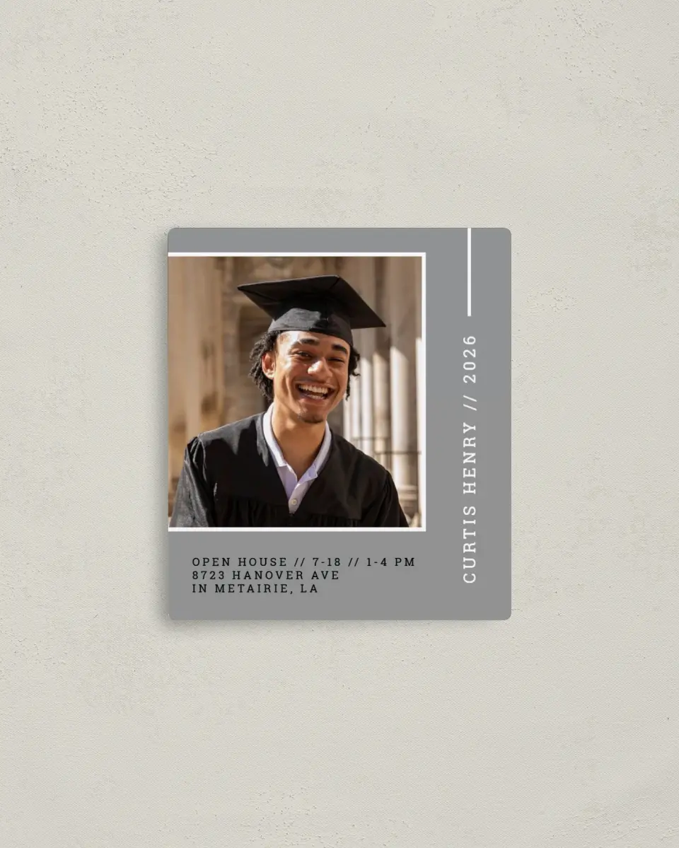 This is a 3½" x 4" Graduation Announcement Magnet called Serious Scholar printed in full color with a Luxe Satin finish