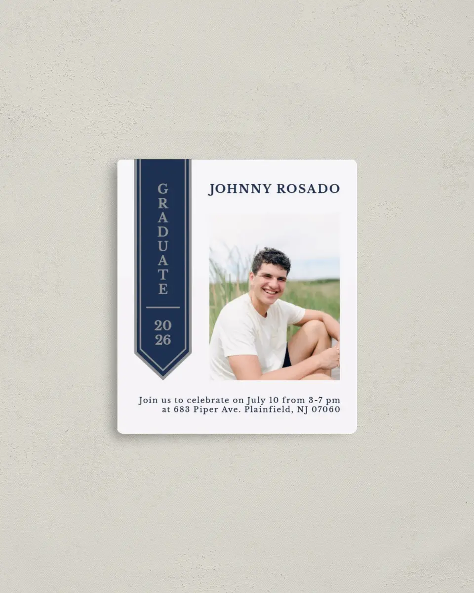 This is a 3½" x 4" Graduation Announcement Magnet called Sophisticated Stole printed in full color with a Luxe Satin finish