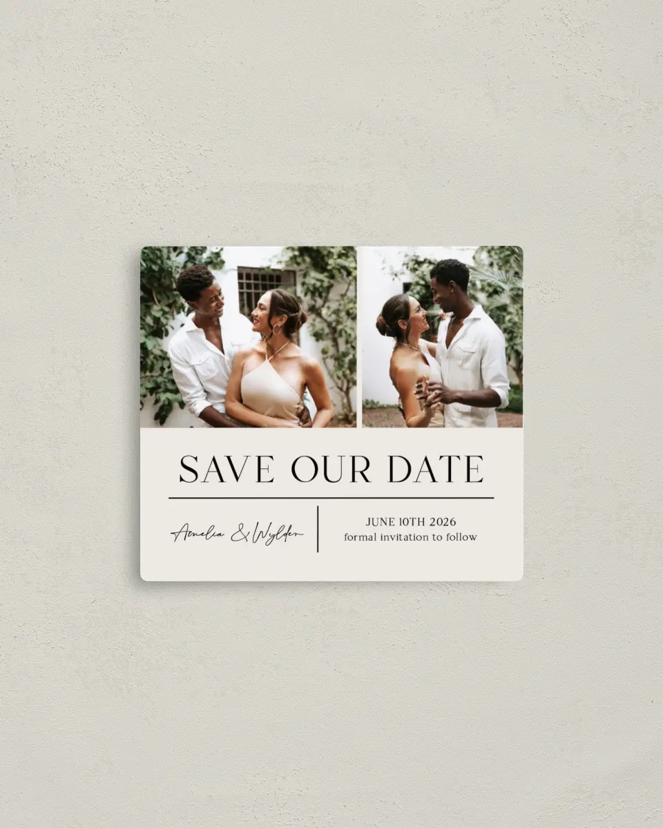 This is a 3½" x 4" Save the Date Magnet called Noble Names printed in full color with a Luxe Satin finish