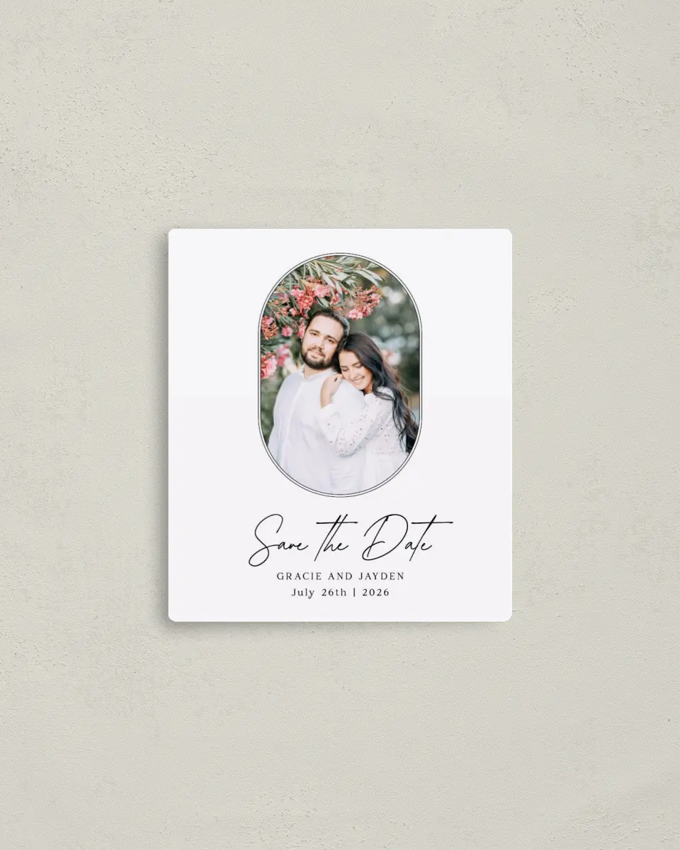 This is a 3½" x 4" Save the Date Magnet called Dramatic Date printed in full color with a Luxe Satin finish
