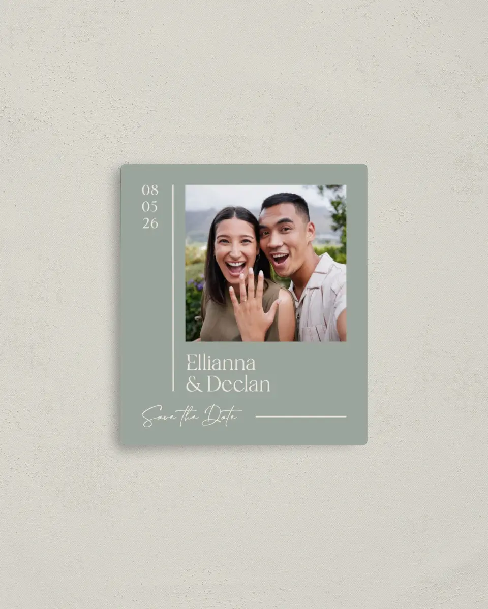 This is a 3½" x 4" Save the Date Magnet called Elegant Lines printed in full color with a Luxe Satin finish