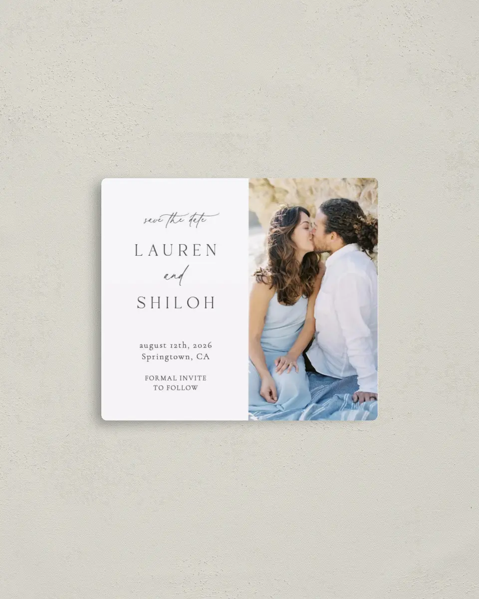 This is a 3½" x 4" Save the Date Magnet called Cute + Charming printed in full color with a Luxe Satin finish