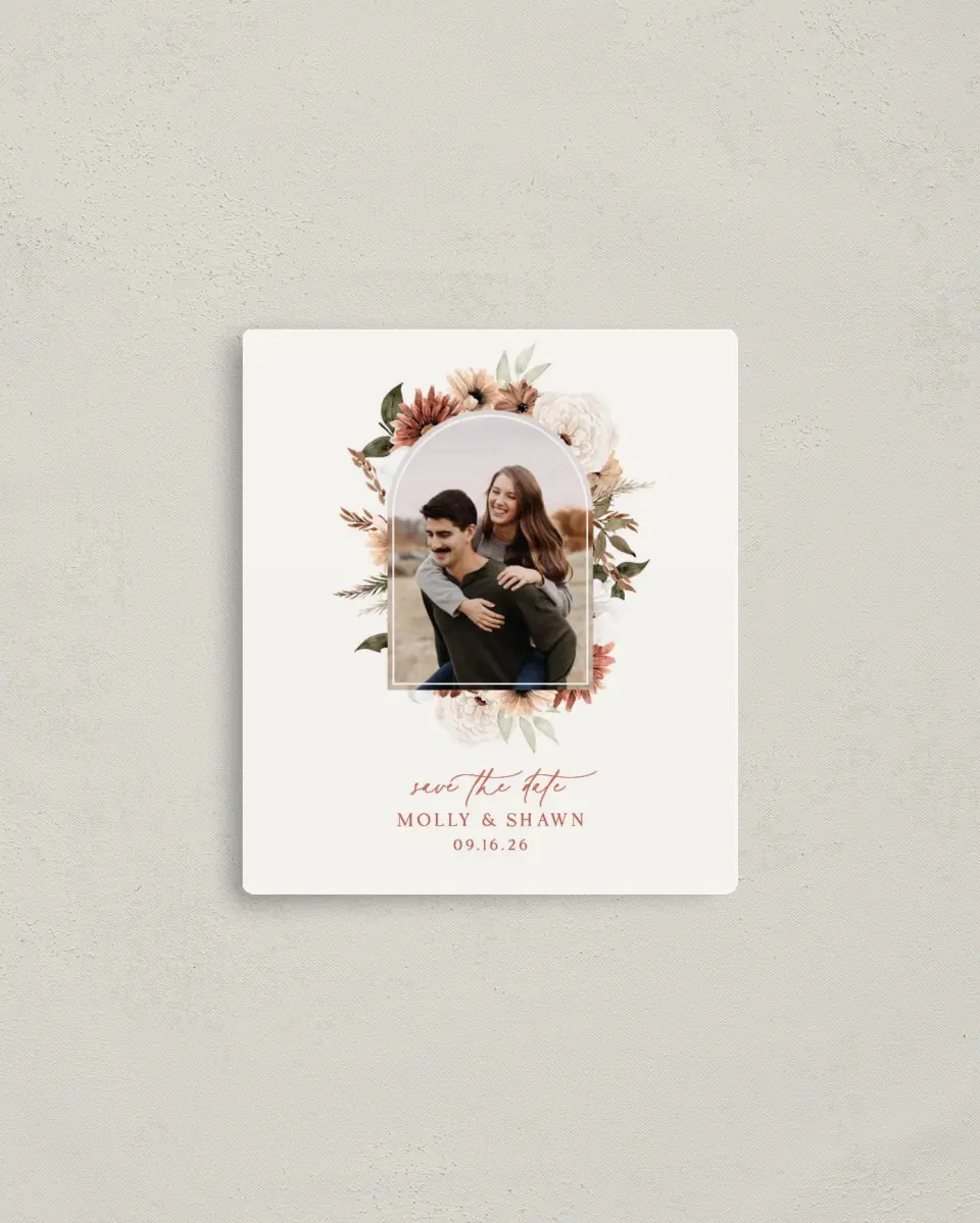 This is a 3½" x 4" Save the Date Magnet called Autumn Blooms printed in full color with a Luxe Satin finish