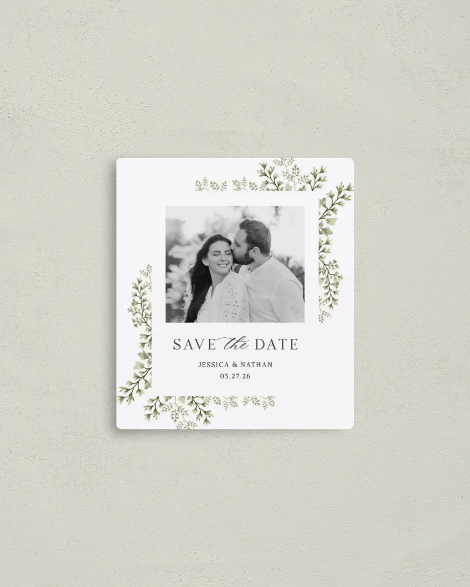 This is a 3½" x 4" Save the Date Magnet called Leaves of Love printed in full color with a Luxe Satin finish