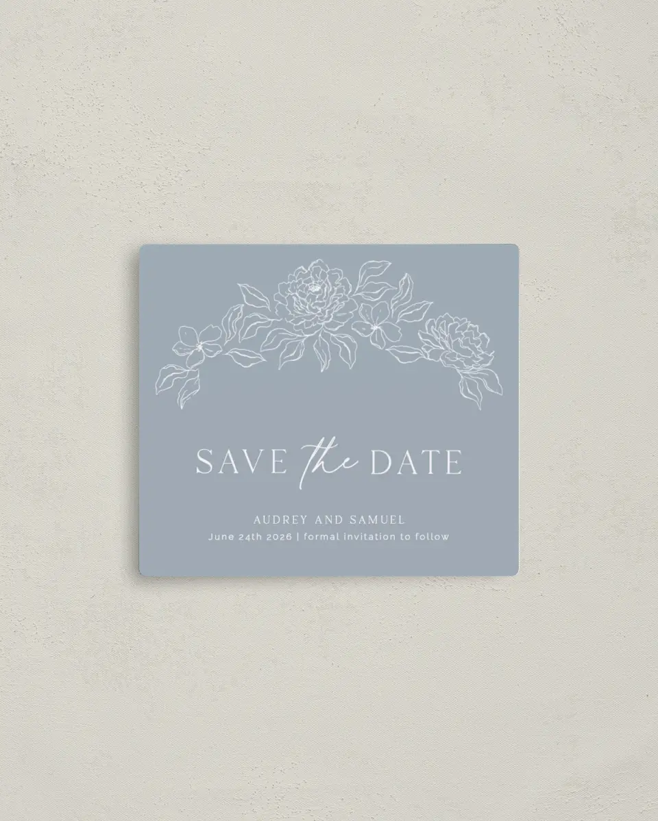 This is a 3½" x 4" Save the Date Magnet called Graceful Petals printed in full color with a Luxe Satin finish