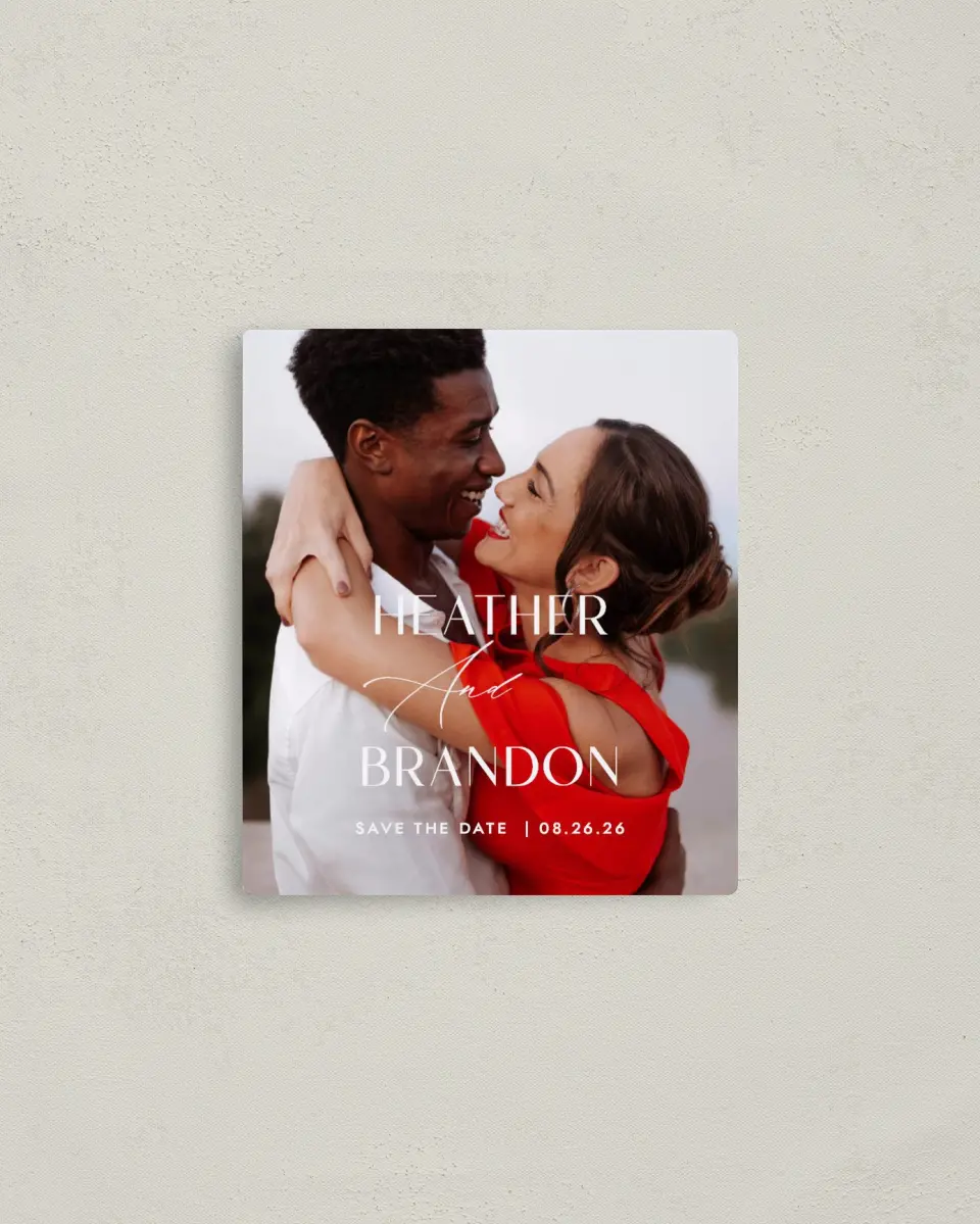 This is a 3½" x 4" Save the Date Magnet called Neat Names printed in full color with a Luxe Satin finish