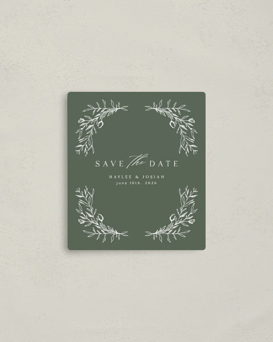 This is a 3½" x 4" Save the Date Magnet called Flourishing Frame printed in full color with a Luxe Satin finish