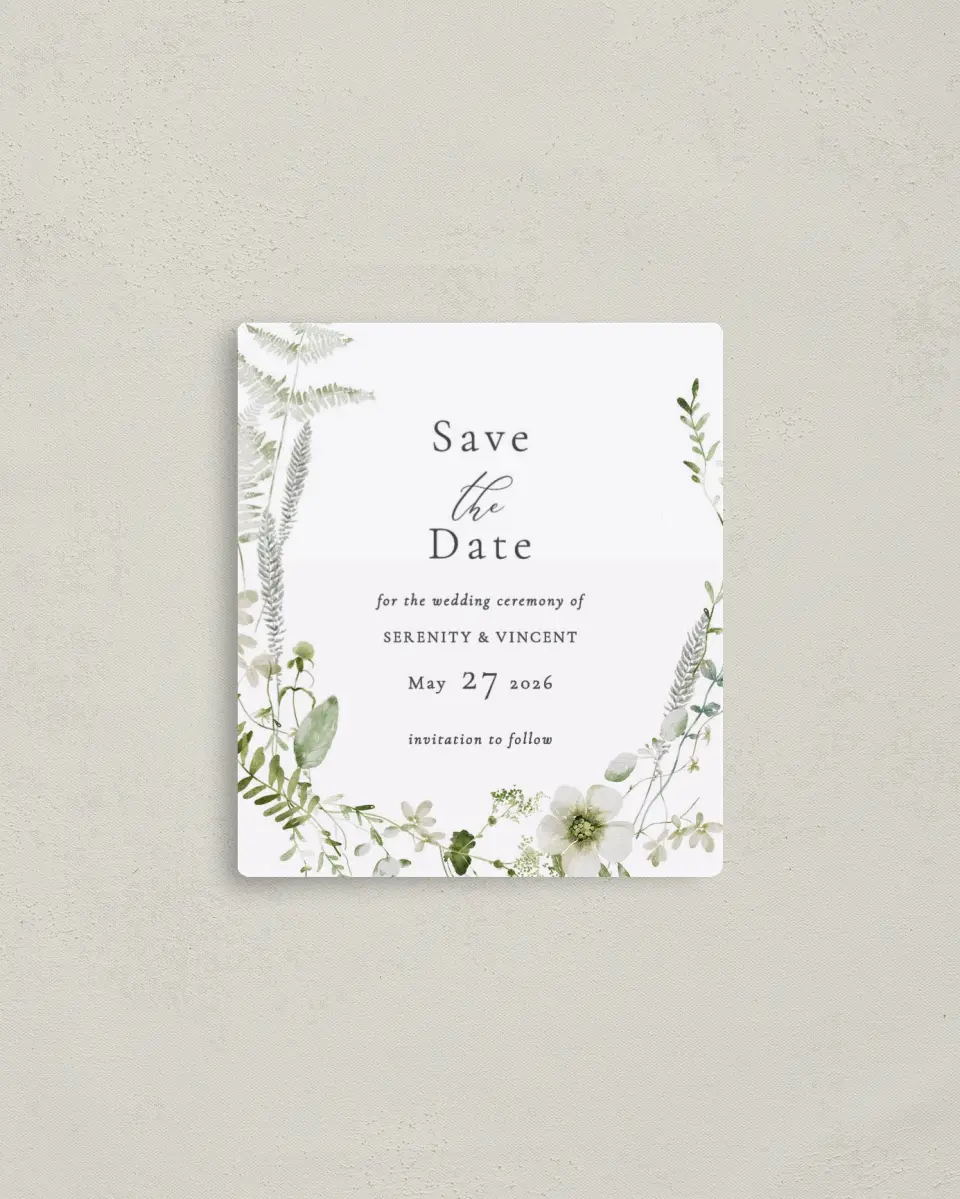 This is a 3½" x 4" Save the Date Magnet called Graceful Greenery printed in full color with a Luxe Satin finish