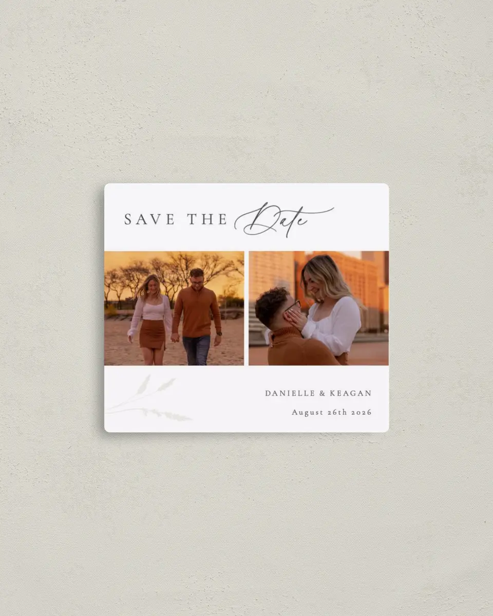 This is a 3½" x 4" Save the Date Magnet called Wild Devotion printed in full color with a Luxe Satin finish