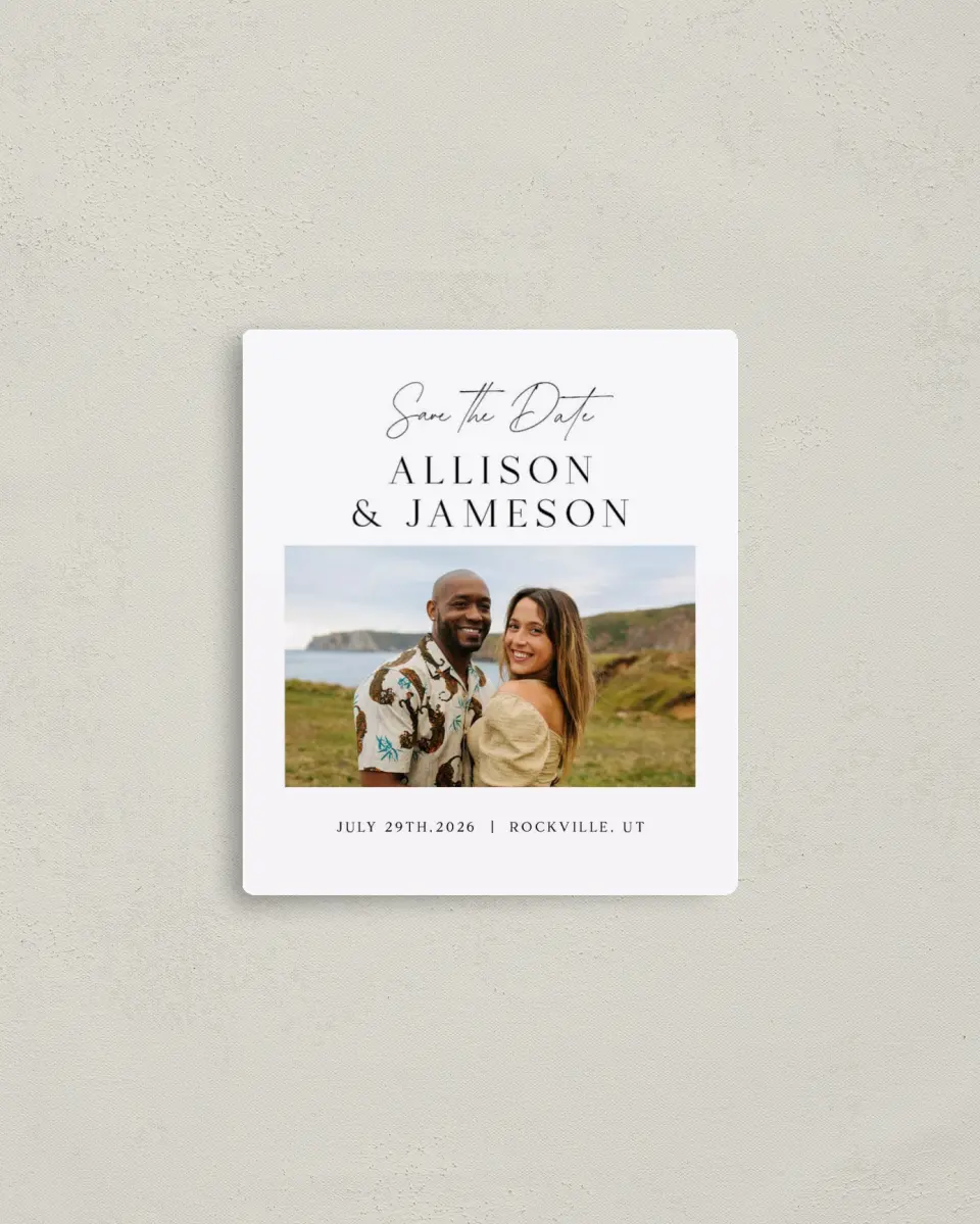 This is a 3½" x 4" Save the Date Magnet called Simple Signature printed in full color with a Luxe Satin finish