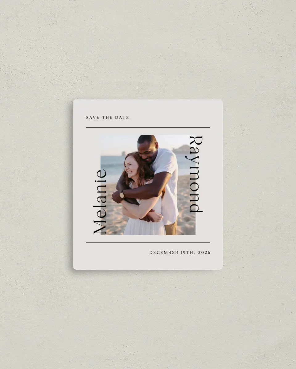 This is a 3½" x 4" Save the Date Magnet called Styled Lines printed in full color with a Luxe Satin finish