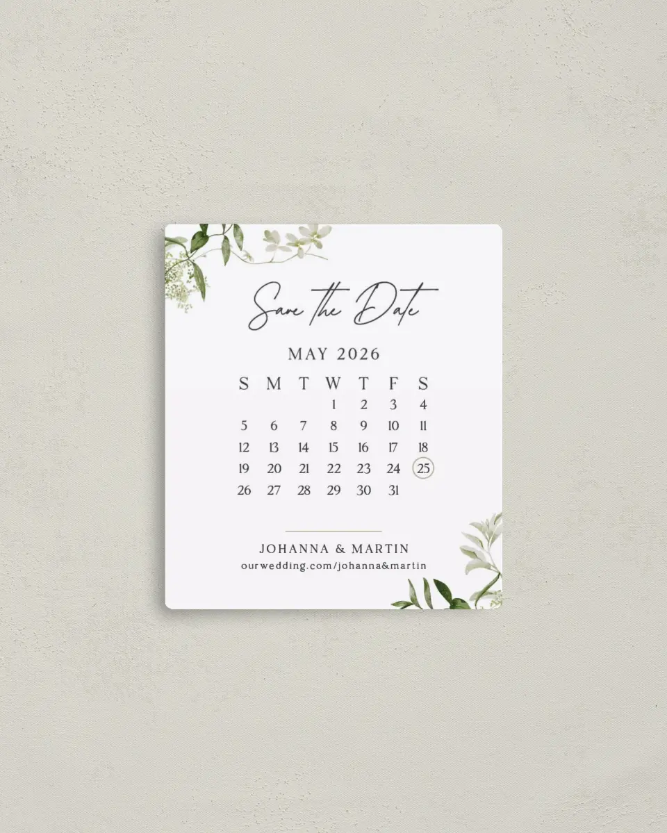 This is a 3½" x 4" Save the Date Magnet called Botanical Date printed in full color with a Luxe Satin finish