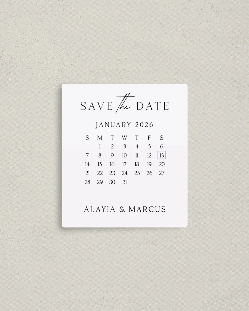 This is a 3½" x 4" Save the Date Magnet called Clear Calendar printed in full color with a Luxe Satin finish