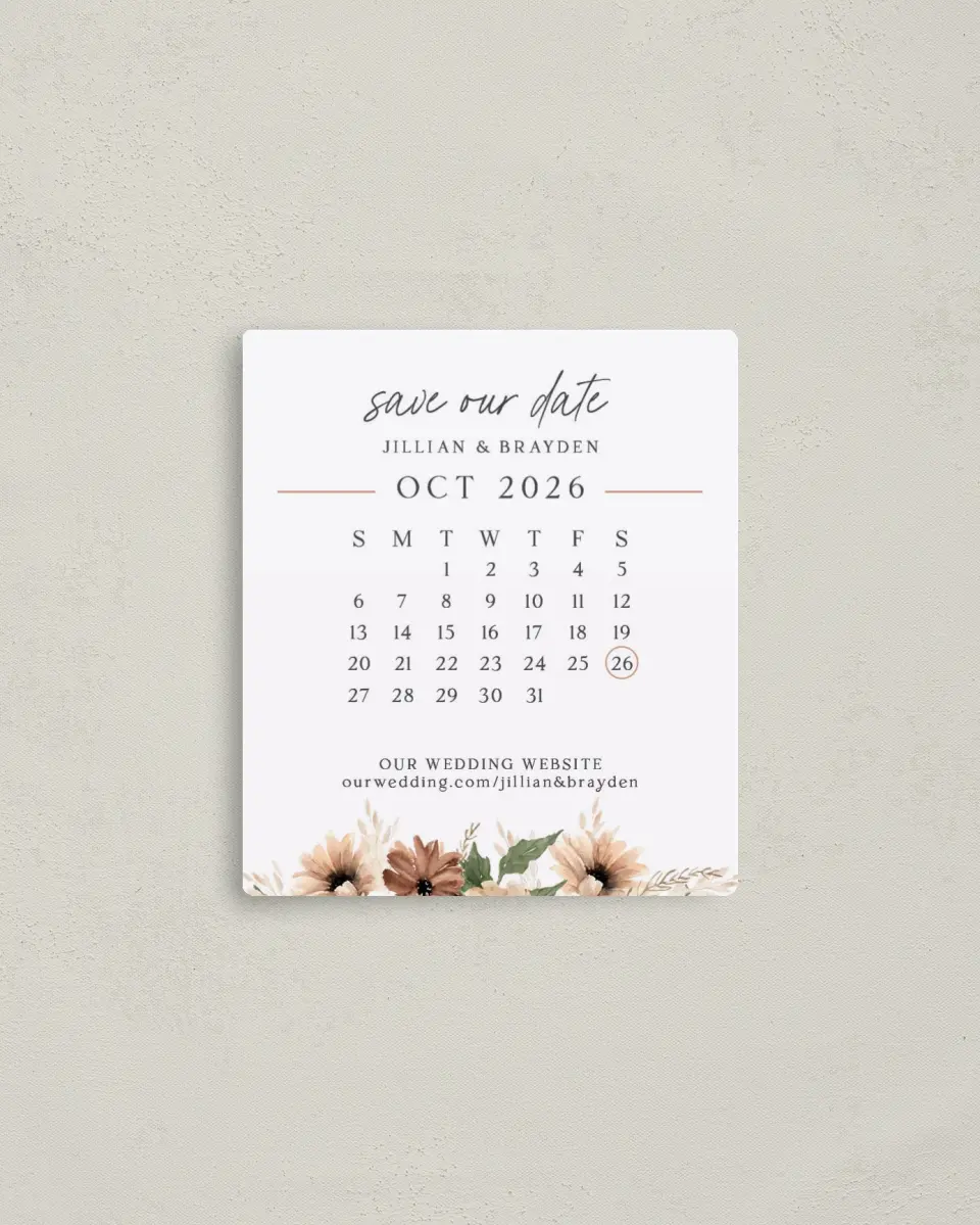 This is a 3½" x 4" Save the Date Magnet called Crisp Date printed in full color with a Luxe Satin finish
