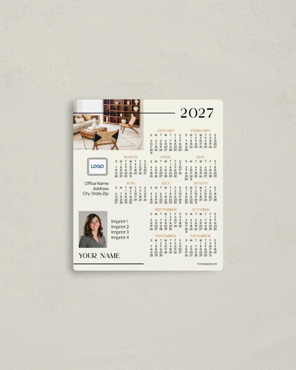 This is a 3½" x 4" Full Magnet Calendar called Trendy Room printed in full color with a Standard Gloss finish