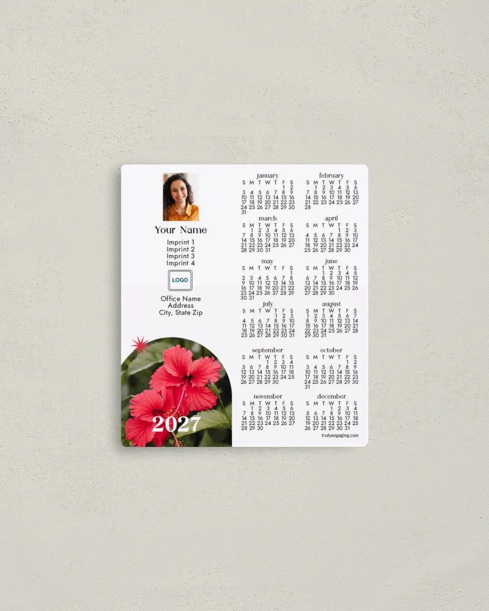 This is a 3½" x 4" Full Magnet Calendar called Hibiscus Arch printed in full color with a Standard Gloss finish