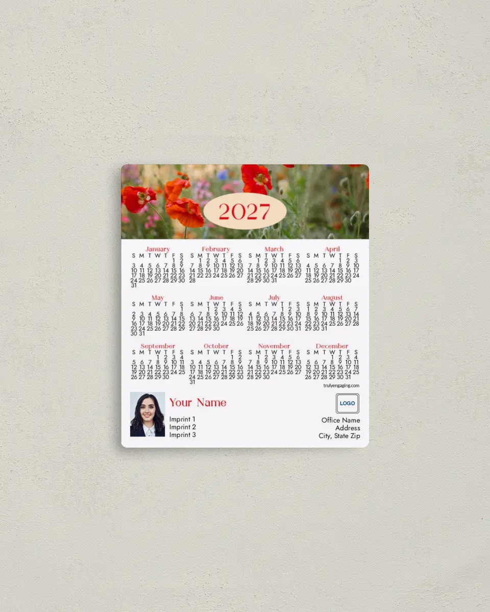 This is a 3½" x 4" Full Magnet Calendar called Poppy Garden printed in full color with a Standard Gloss finish