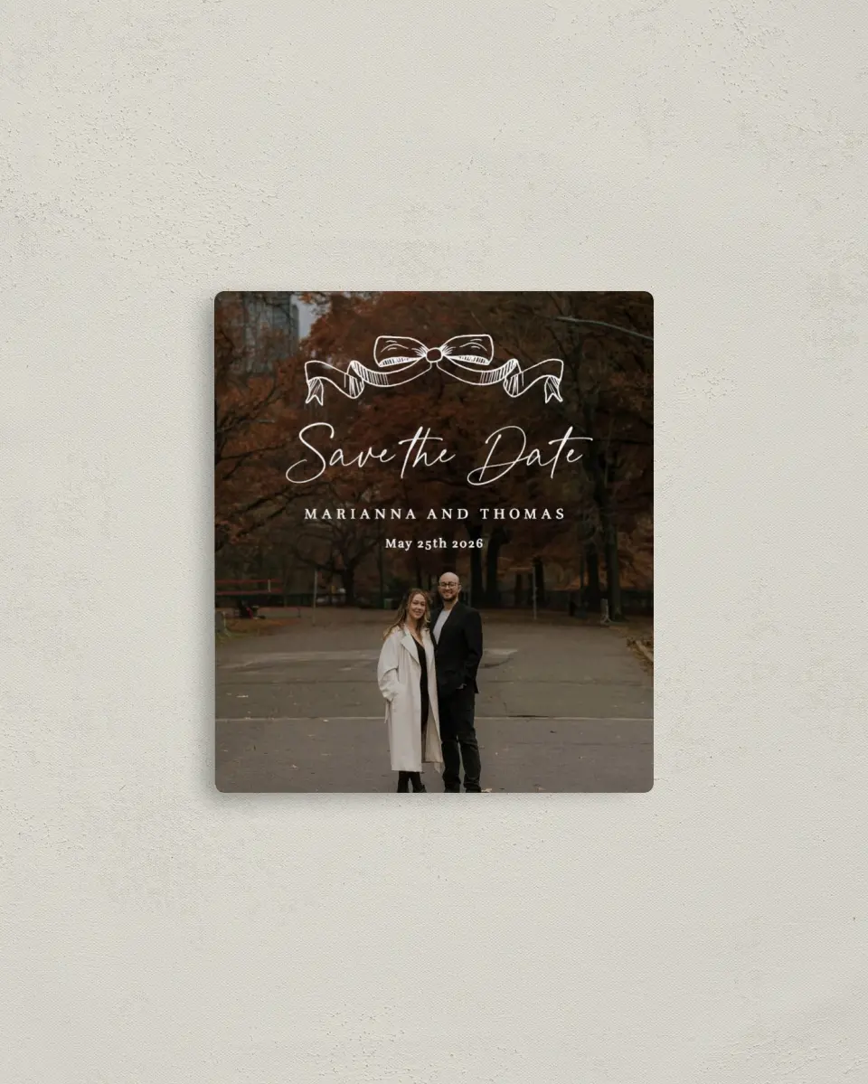 This is a 3½" x 4" Save the Date Magnet called Ribbon Romance printed in full color with a Luxe Satin finish
