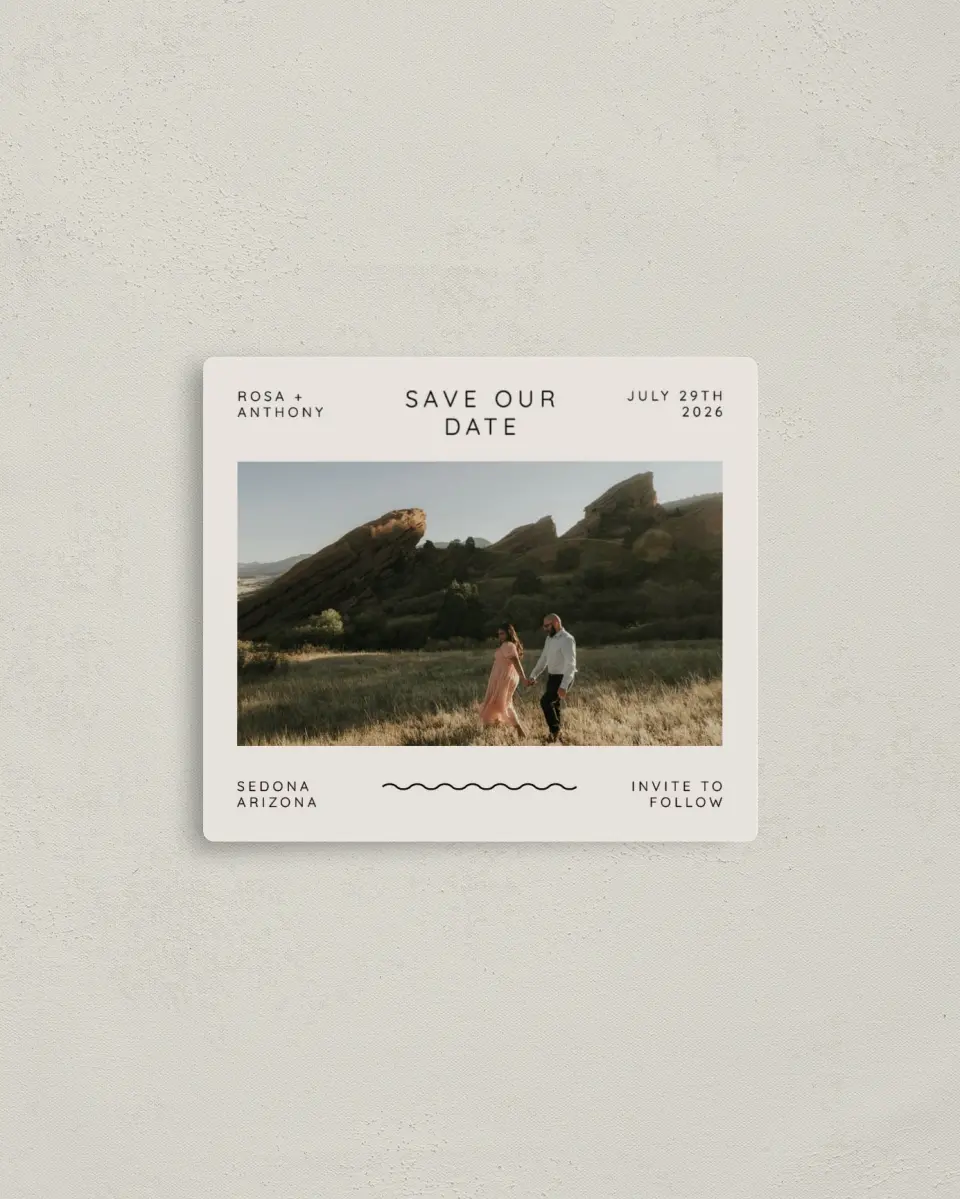 This is a 3½" x 4" Save the Date Magnet called Desert Oasis printed in full color with a Luxe Satin finish