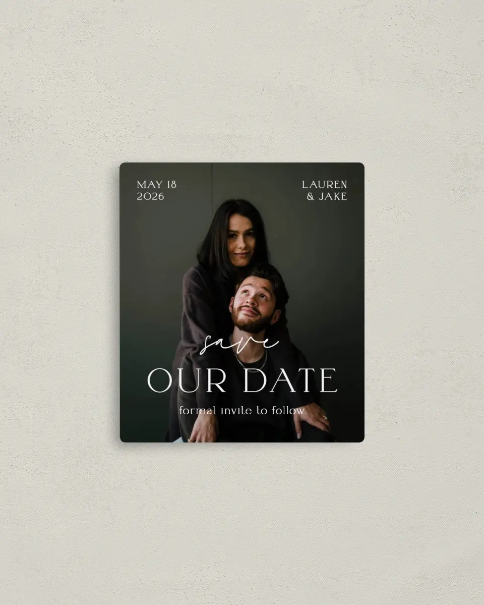 This is a 3½" x 4" Save the Date Magnet called Sincere Sweetness printed in full color with a Luxe Satin finish