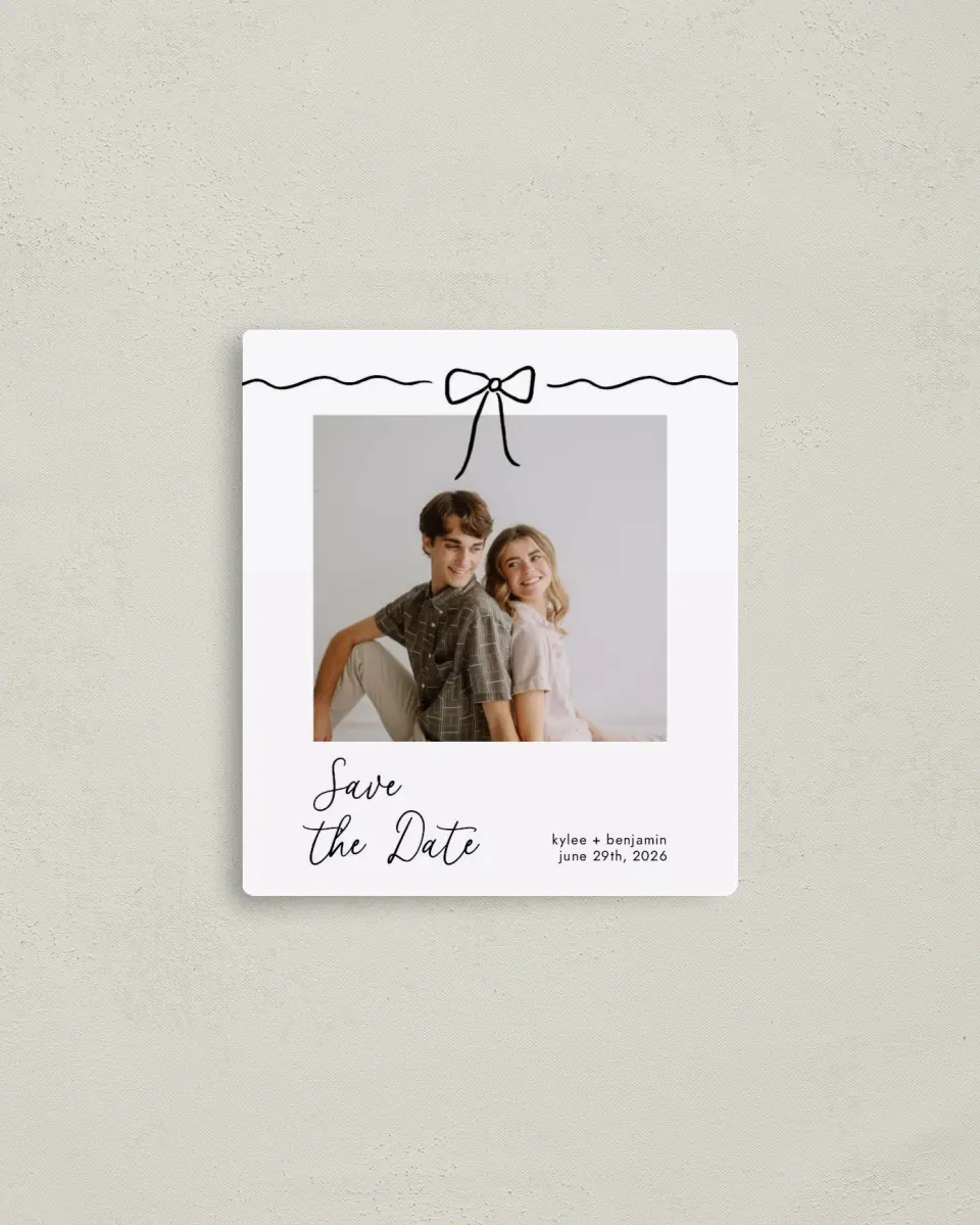 This is a 3½" x 4" Save the Date Magnet called Bows and Bliss printed in full color with a Luxe Satin finish