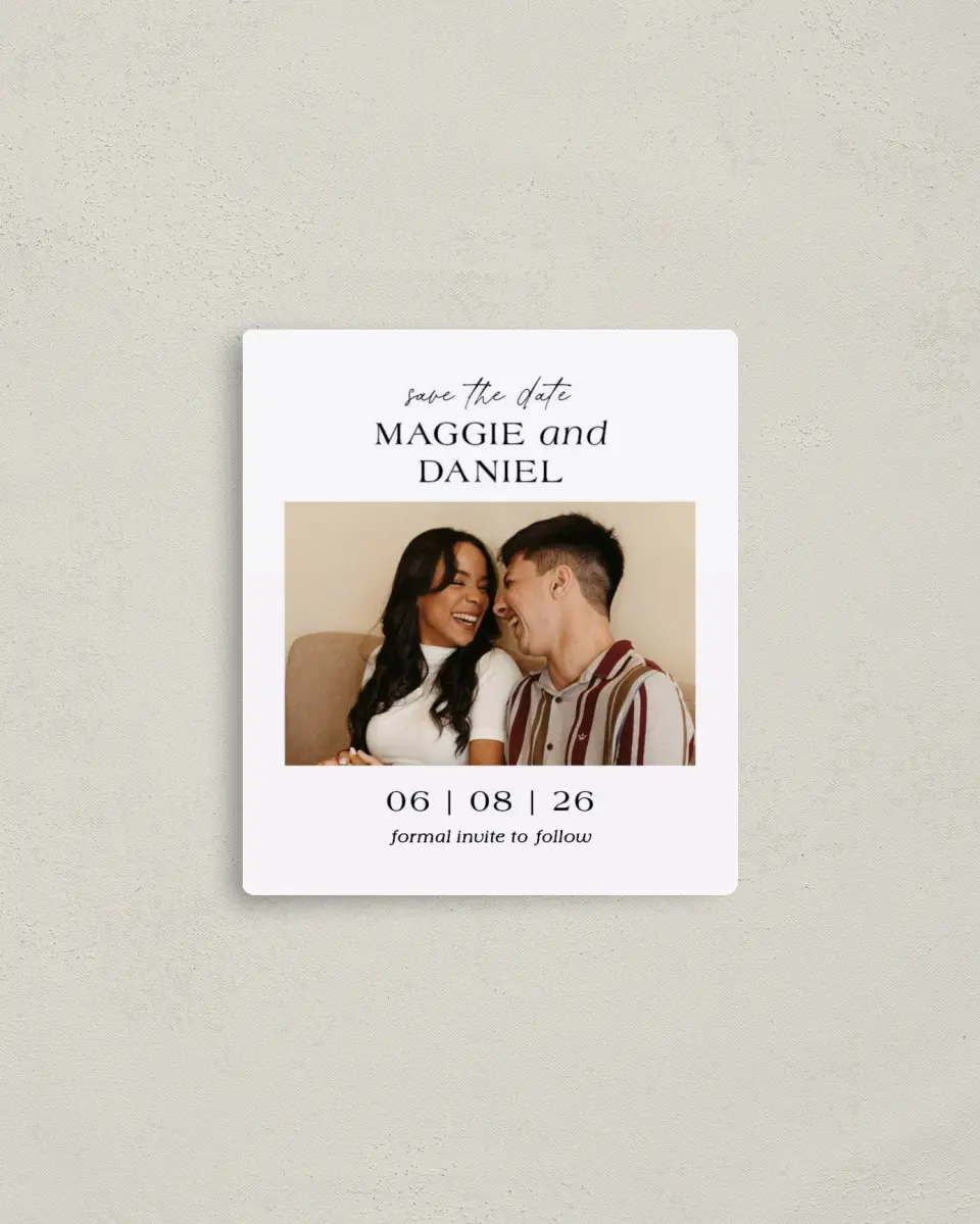 This is a 3½" x 4" Save the Date Magnet called Silly Romance printed in full color with a Luxe Satin finish