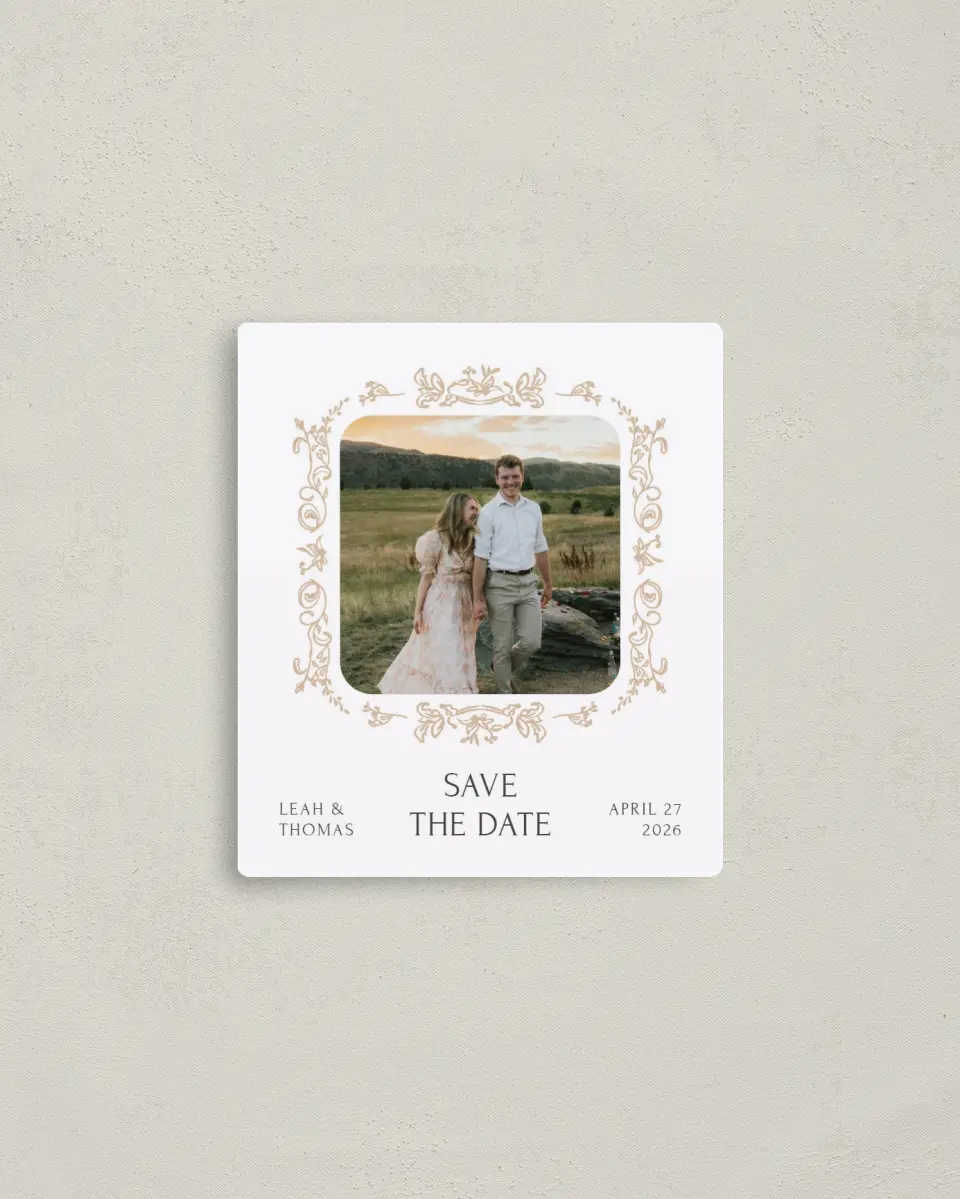 This is a 3½" x 4" Save the Date Magnet called Tranquil Trail printed in full color with a Luxe Satin finish