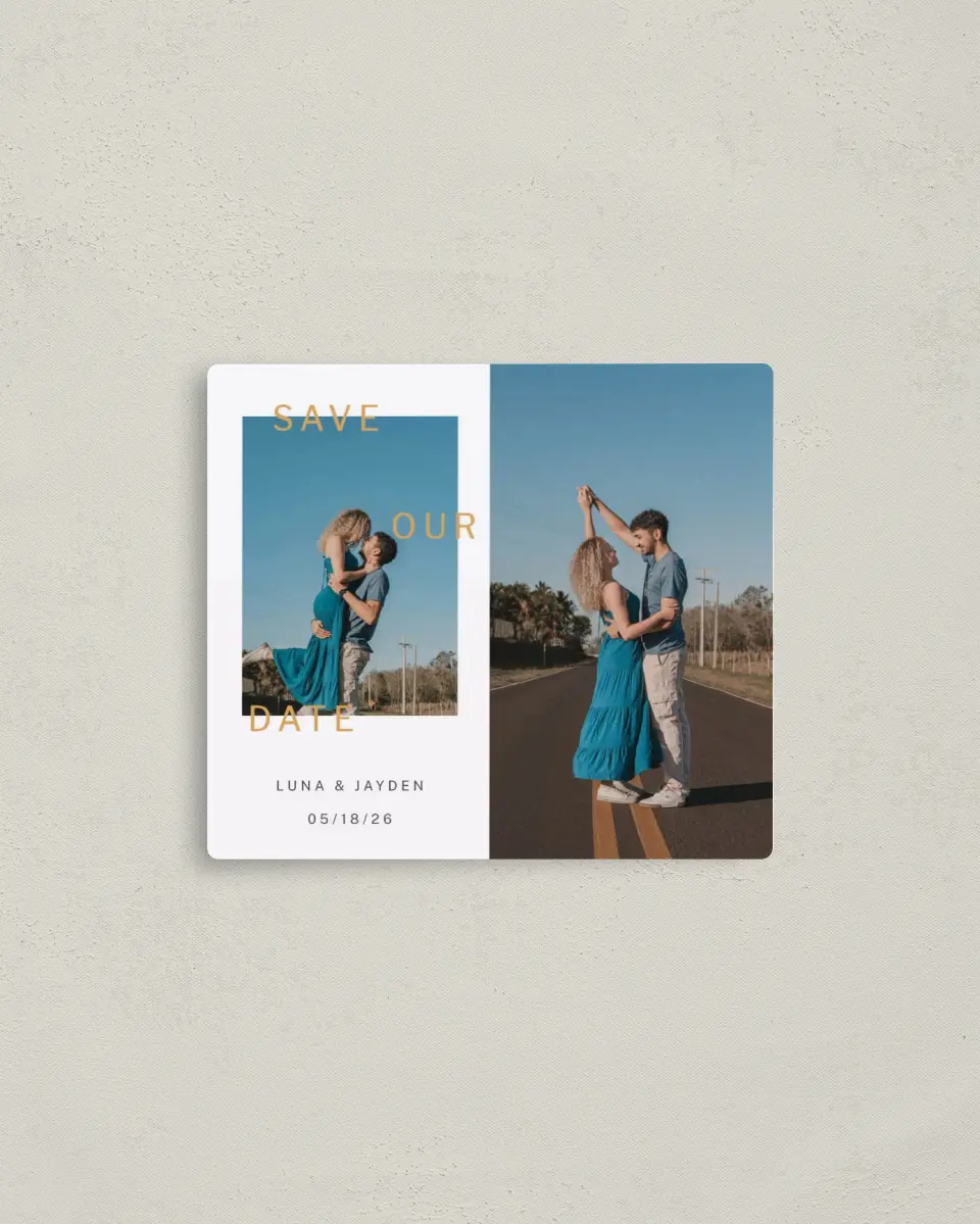 This is a 3½" x 4" Save the Date Magnet called Dance Until Dawn printed in full color with a Luxe Satin finish