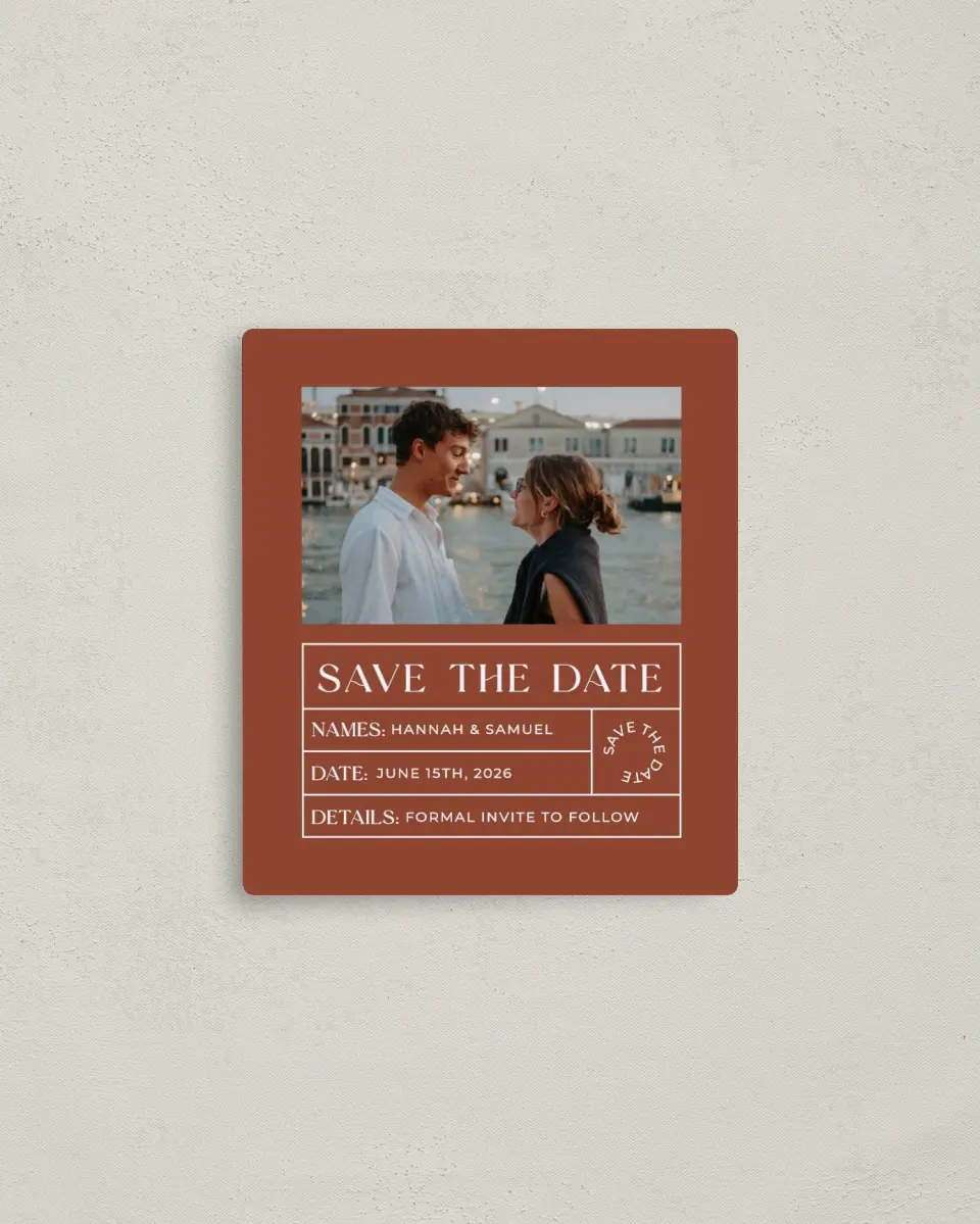 This is a 3½" x 4" Save the Date Magnet called Sienna Sunset printed in full color with a Luxe Satin finish