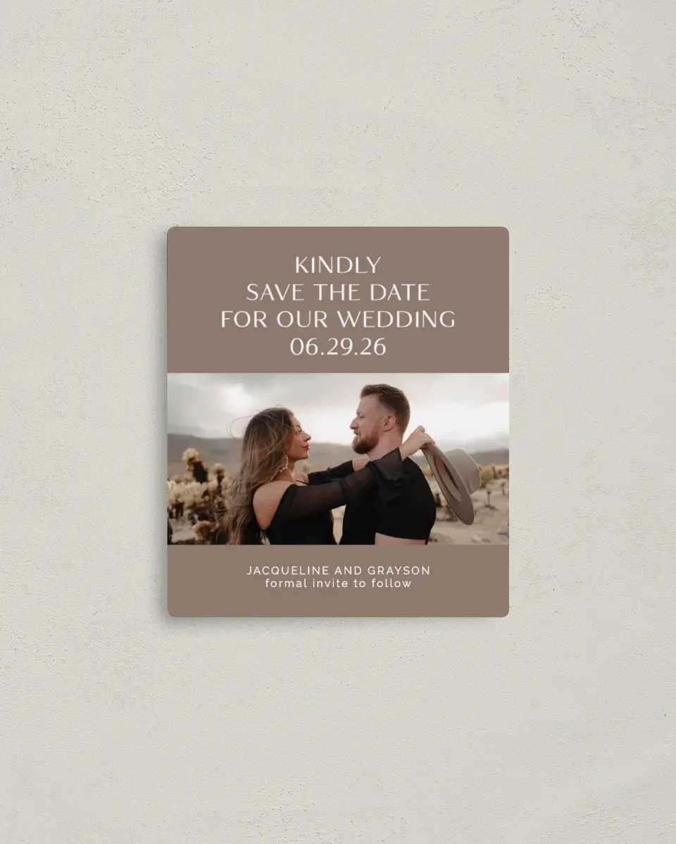This is a 3½" x 4" Save the Date Magnet called Suede Serenity printed in full color with a Luxe Satin finish