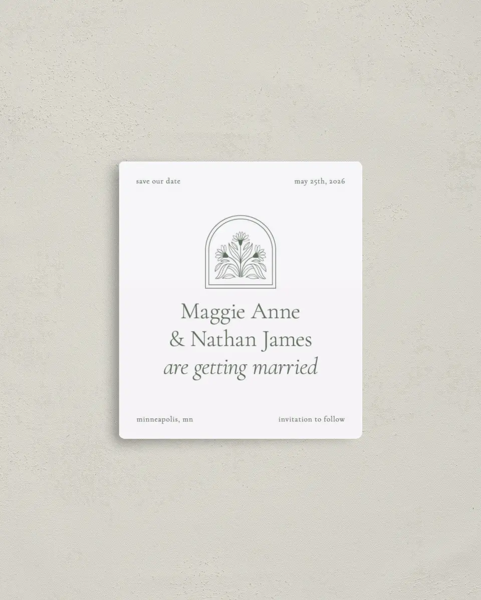 This is a 3½" x 4" Save the Date Magnet called Blossoming Love printed in full color with a Luxe Satin finish