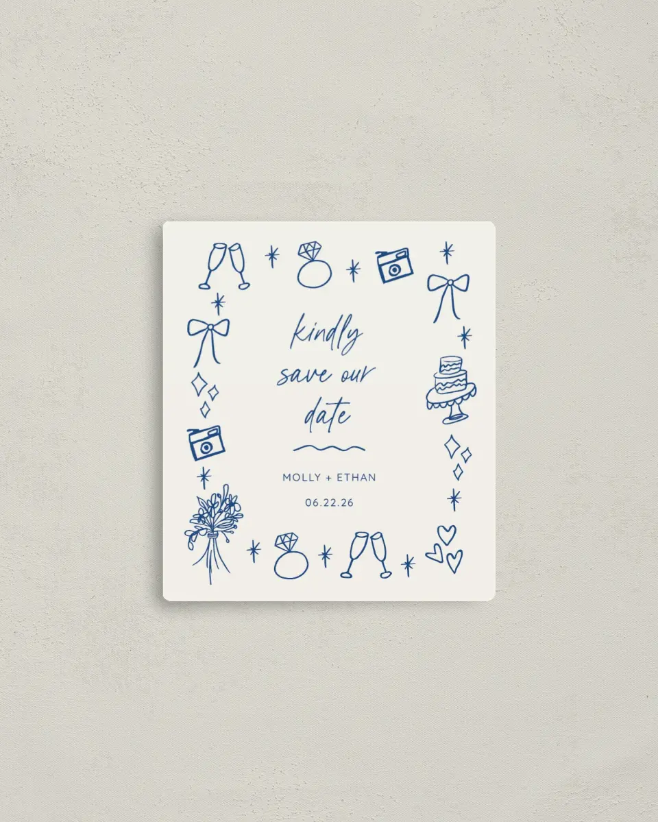 This is a 3½" x 4" Save the Date Magnet called Drawn to You printed in full color with a Luxe Satin finish