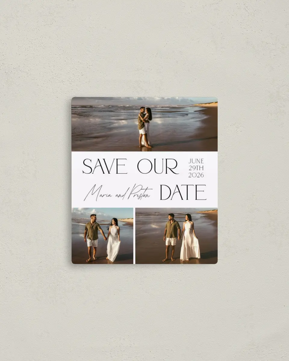 This is a 3½" x 4" Save the Date Magnet called Beautiful Beginnings printed in full color with a Luxe Satin finish