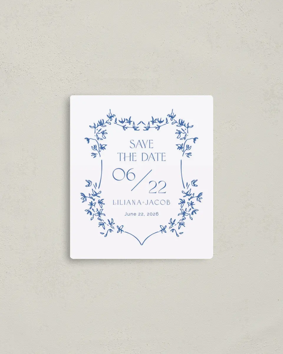 This is a 3½" x 4" Save the Date Magnet called Vintage Vines printed in full color with a Luxe Satin finish