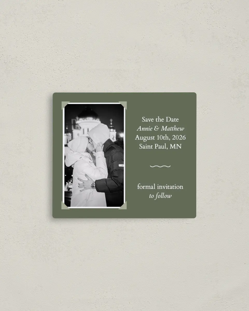 This is a 3½" x 4" Save the Date Magnet called Framed Forever printed in full color with a Luxe Satin finish