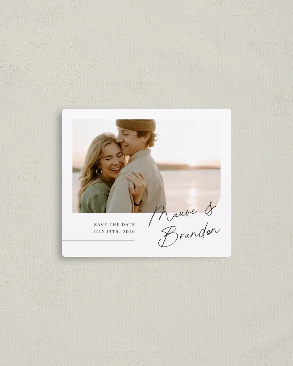 This is a 3½" x 4" Save the Date Magnet called Sealed with Love printed in full color with a Luxe Satin finish