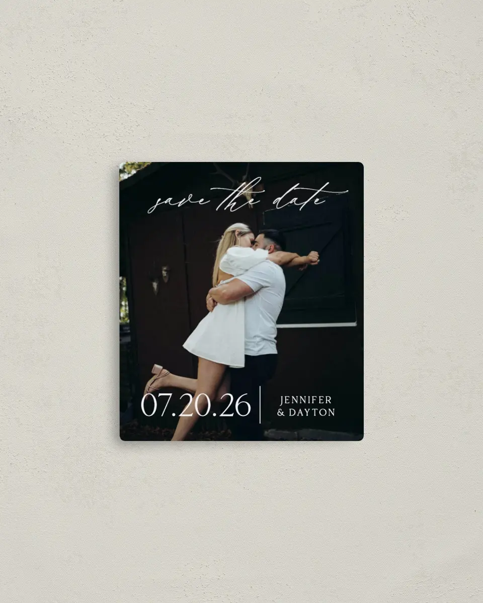 This is a 3½" x 4" Save the Date Magnet called Dainty Love printed in full color with Rose Gold foil and a Luxe Satin finish