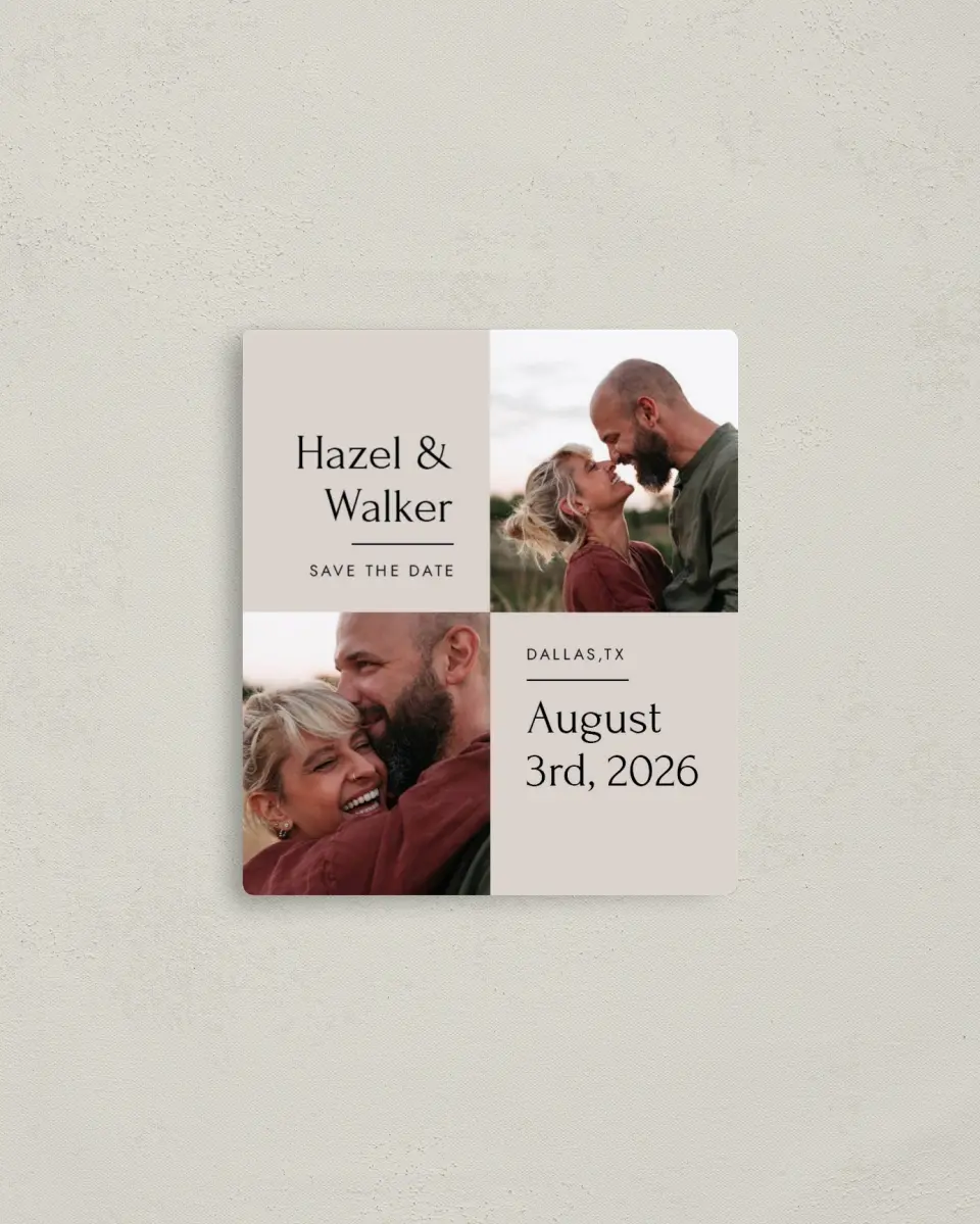 This is a 3½" x 4" Save the Date Magnet called Just You & Me printed in full color with a Luxe Satin finish