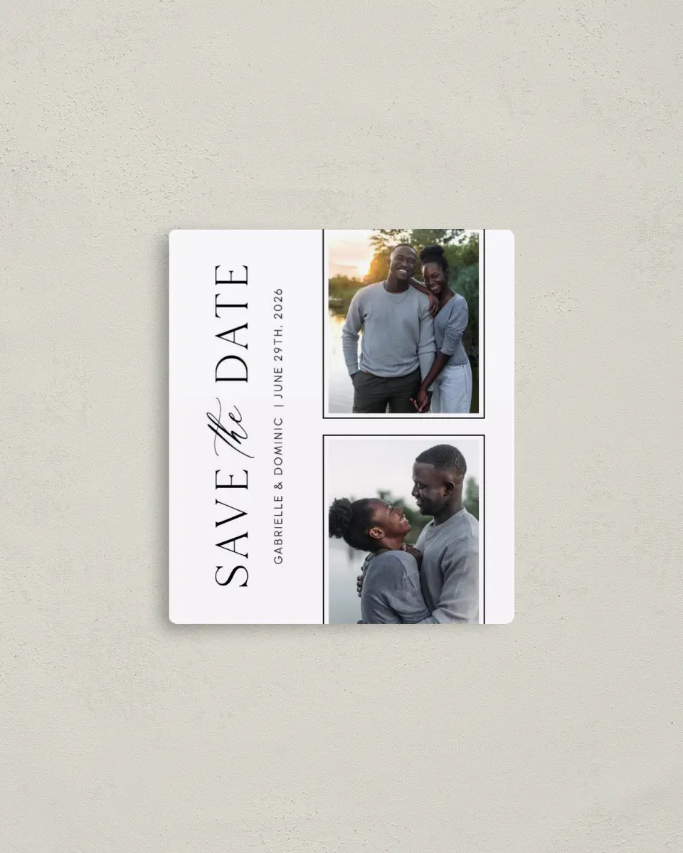 This is a 3½" x 4" Save the Date Magnet called Elegantly True printed in full color with a Luxe Satin finish