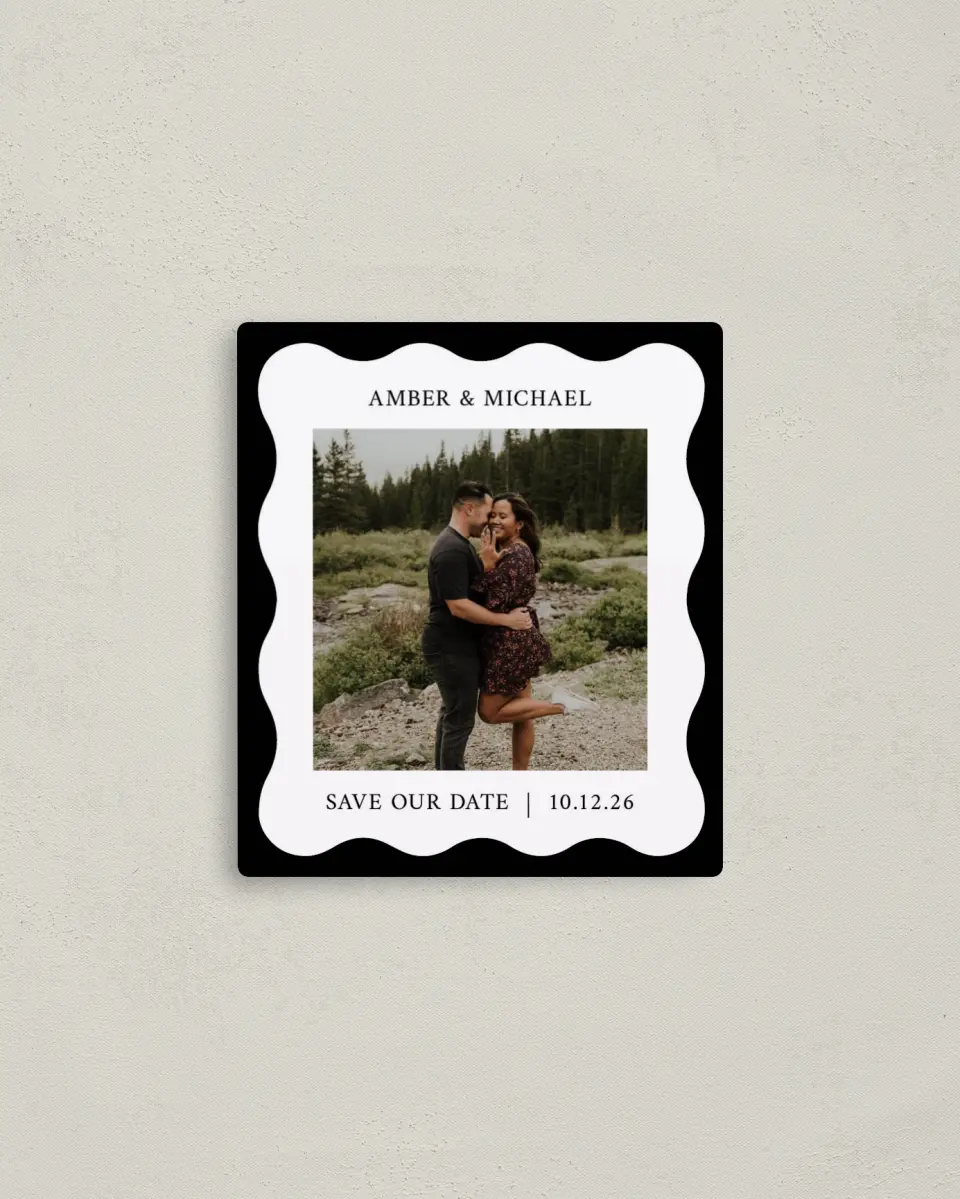 This is a 3½" x 4" Save the Date Magnet called The Amber printed in full color with a Luxe Satin finish