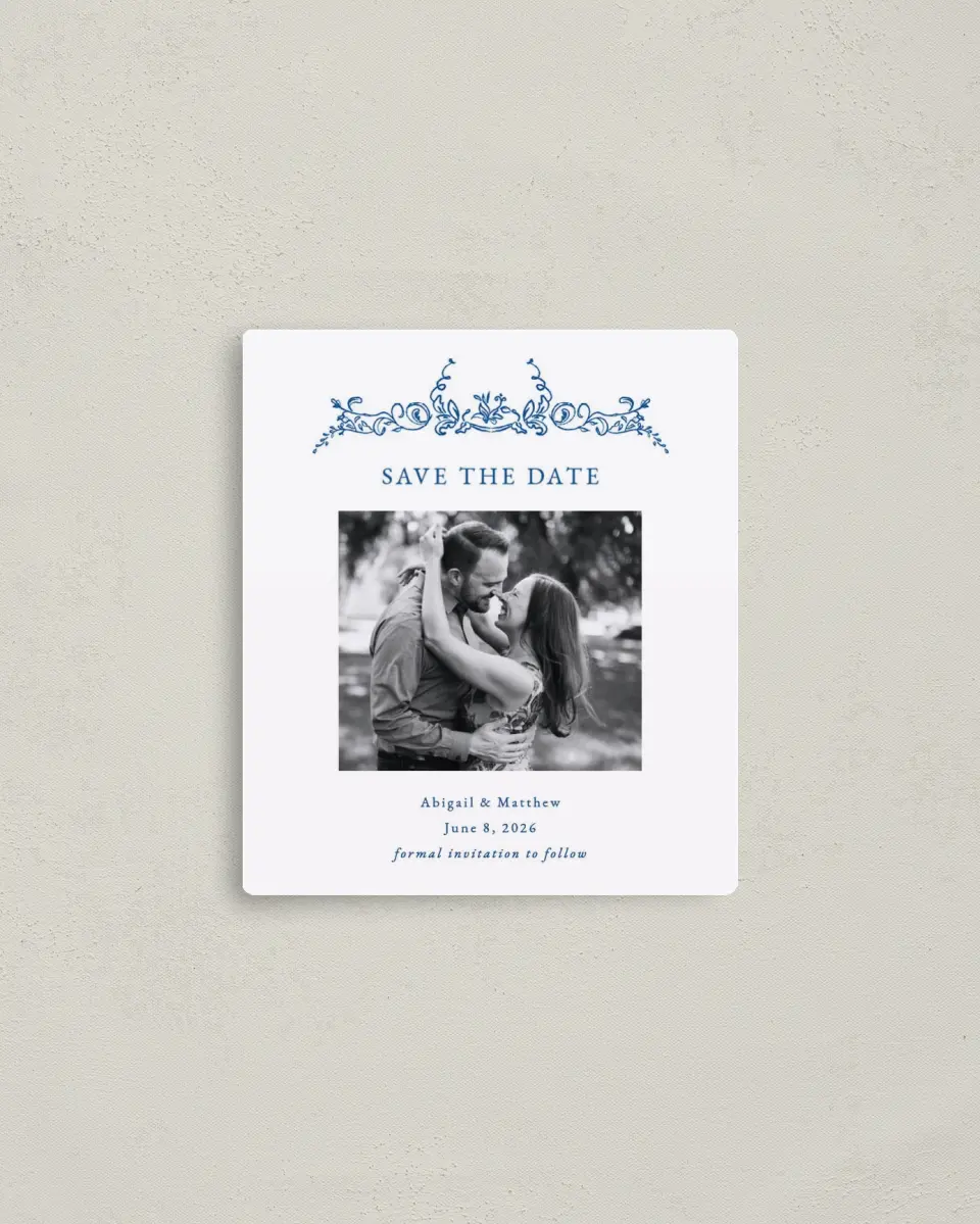 This is a 3½" x 4" Save the Date Magnet called Ornamental Elegance printed in full color with a Luxe Satin finish