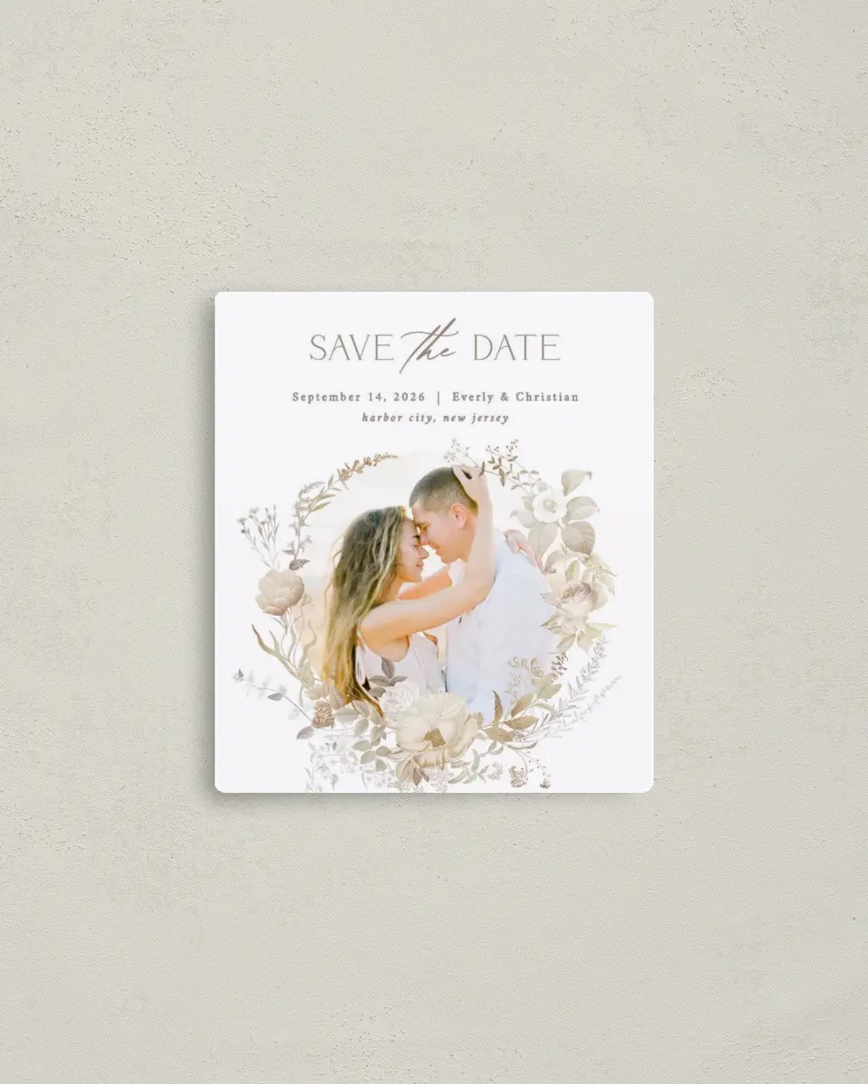 This is a 3½" x 4" Save the Date Magnet called The Everly printed in full color with a Luxe Satin finish